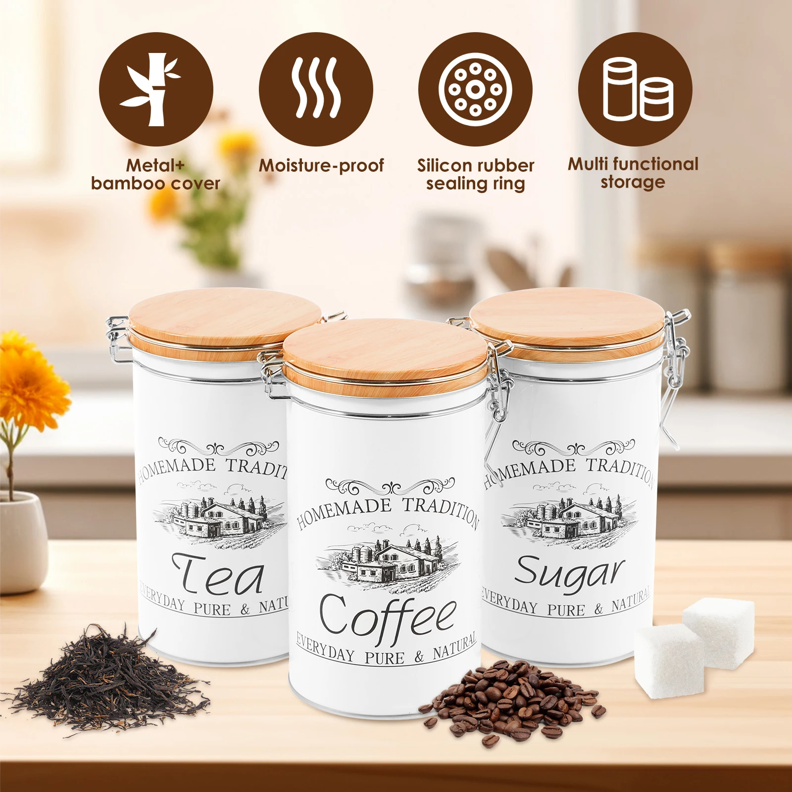 Juego de 3 Recipientes Metálic - Coffee Tea Sugar Canisters reseña y precio